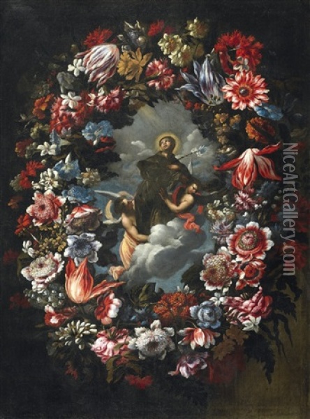 Flower Garland With Saint Francis Oil Painting - Juan De Arellano