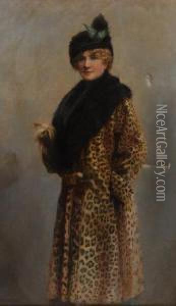 Full Length Portrait Of A Society Lady In Fur Hat And Coat Holdinga Lap Dog Oil Painting - Ethel Wright