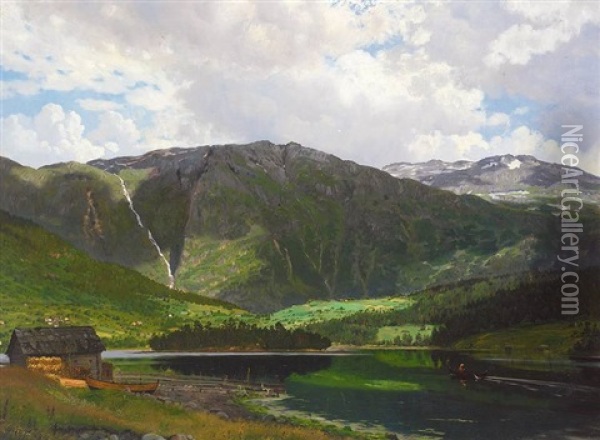 Gebirgslandschaft Mit Stillem See Und Ruderer Oil Painting - Rasmus Christiansen
