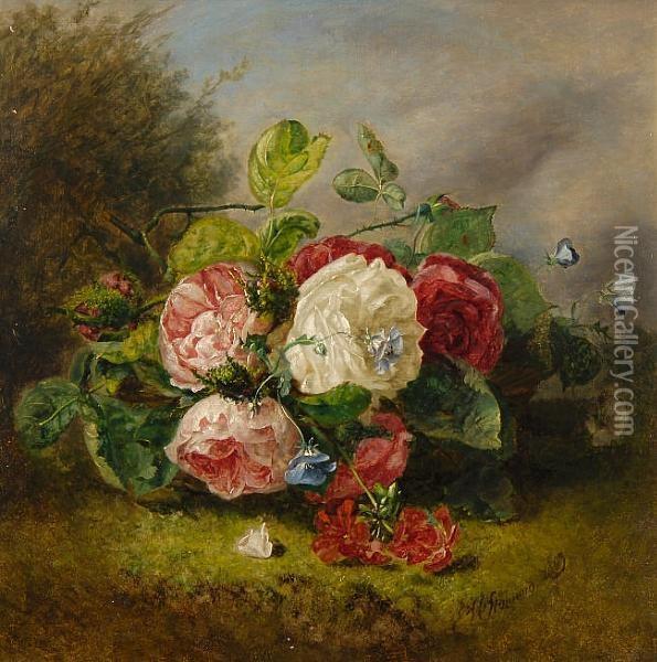 A Still Life Of Roses And Geraniums With Blue Butterflies In A Landscape Oil Painting - Eloise Harriet Stannard