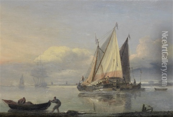 Dutch Pinks In An Estuary Oil Painting - Thomas Luny