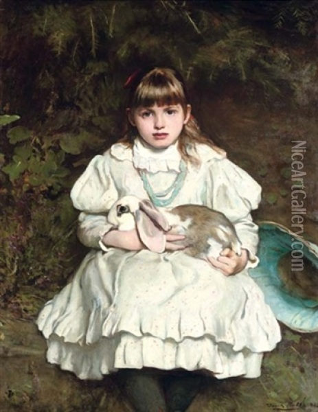 Portrait Of A Young Girl With Her Pet Rabbit Oil Painting - Francis Montague (Frank) Holl
