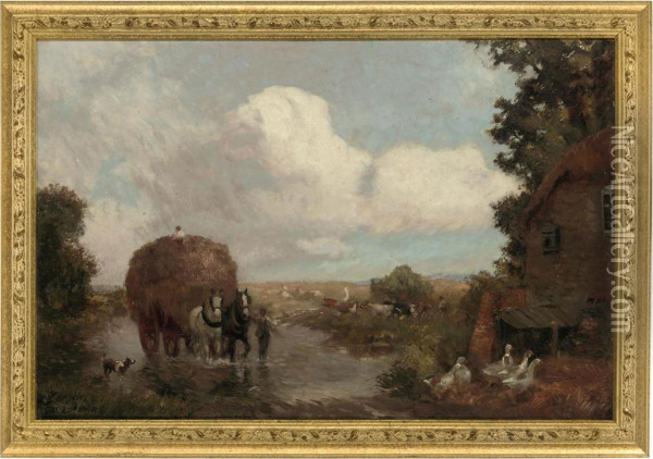 Crossing The Ford Oil Painting - Max Ludby