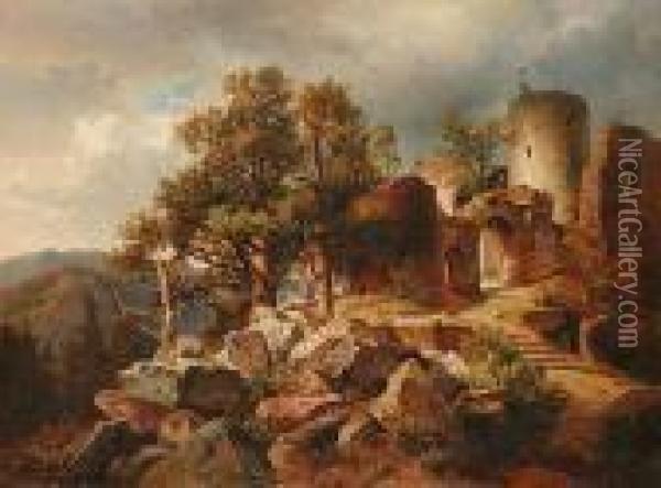 A Landscape With A Ruined Castle And A Fox Oil Painting - Alois Kirnig