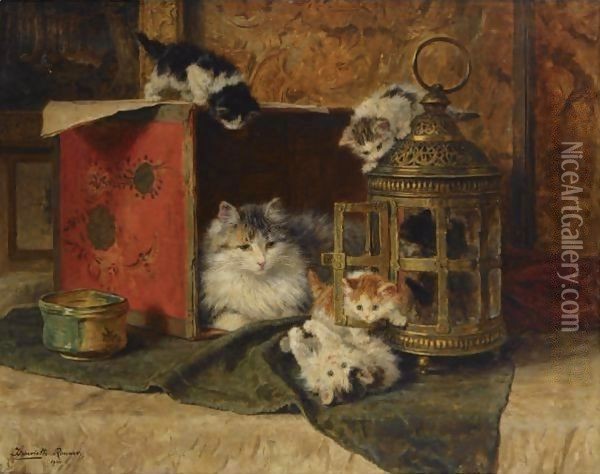 A Mother Cat Watching Her Kittens Playing Oil Painting - Henriette Ronner-Knip