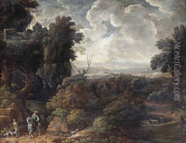 An Italianate, Wooded Landscape With Huntsmen And Their Dogs, A Herdsman With His Flock Near A Lake Beyond Oil Painting - Domenico (Tempestino) Marchi