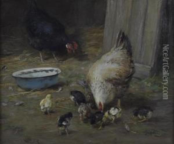 Feeding The Hens Oil Painting - James Riddel