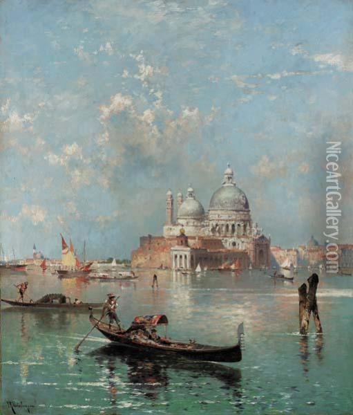 Gondolas In Front Of S. Maria Della Salute, Venice Oil Painting - Franz Richard Unterberger