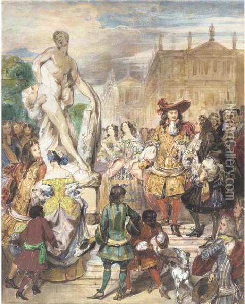 Study For Puget Presenting The 
Group Of Milo Of Cortona To Louis Xiv In The Gardens Of Versailles Oil Painting - Eugene Deveria