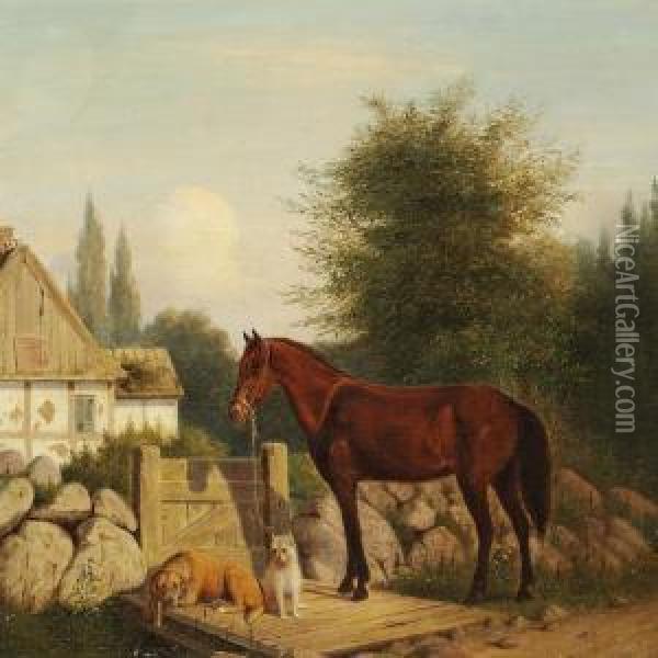 A Horse And Two Dogs At A Gate To A Half-timbered House Oil Painting - Carl Henrik Bogh