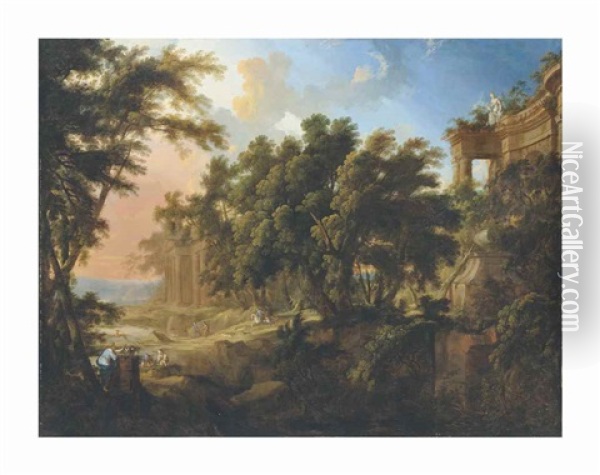 A Stag Hunt In An Extensive Wooded Landscape With Ruins Oil Painting - Pierre Antoine Patel