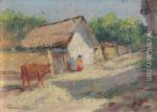 A Village Lane Withfigure And Cow Oil Painting - Carolus Pallya