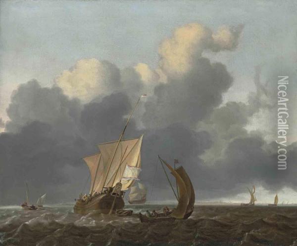 Sint Joan And Other Shipping In Choppy Waters, A Town Beyond Oil Painting - Ludolf Backhuysen
