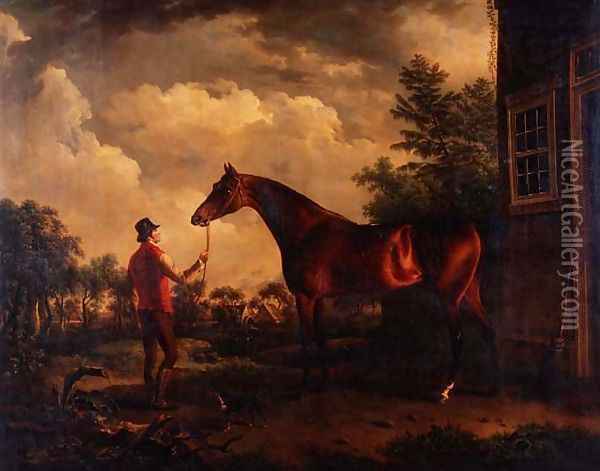 A hunter and groom outside a country house, 1816 Oil Painting - Charles Towne