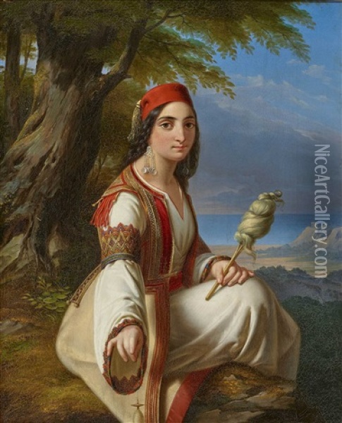 A Greek Woman With A Spindle In Coastal Landscape Oil Painting - Paul Emil Jacobs