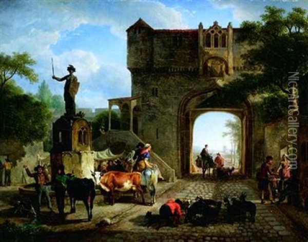 Scene De Marche A L'entree D'une Ville Fortifiee Oil Painting - Jean-Louis Demarne
