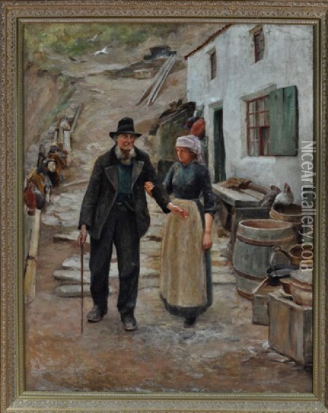 A View At Staithes Village, Yorkshire With A Fisherwoman Guiding An Elderly Man Oil Painting - Robert Jobling
