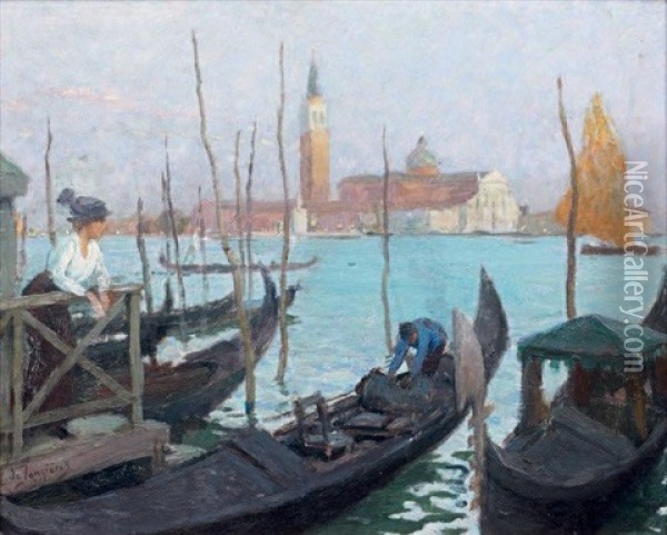 Jeune Femme Au Chapeau Gris A Venise, San Giorgio Dans Le Fond Oil Painting - Leonce J. V. de Joncieres