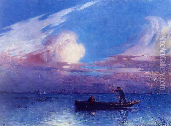 Boating at Night in Briere Oil Painting - Ferdinand Loyen Du Puigaudeau