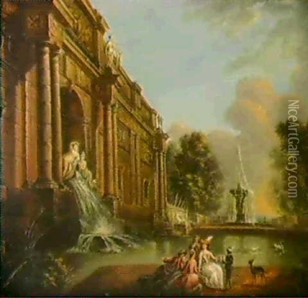 Personnages Goutant Des Sorbets Pres D'une Fontaine Oil Painting - Jean Baptiste Lallemand