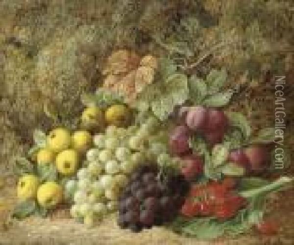 Grapes, Apples, Plums And Strawberries On A Mossy Bank Oil Painting - George Clare