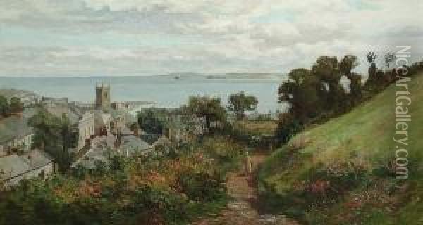 A Coastal Town, Believed To Be In Cornwall, With An Extensive View To The Sea Oil Painting - Robert Fowler