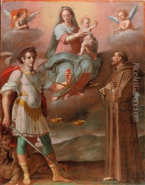 Madonna And Child Between The Archangel Michael And Saint Francis Oil Painting - Santi Di Tito