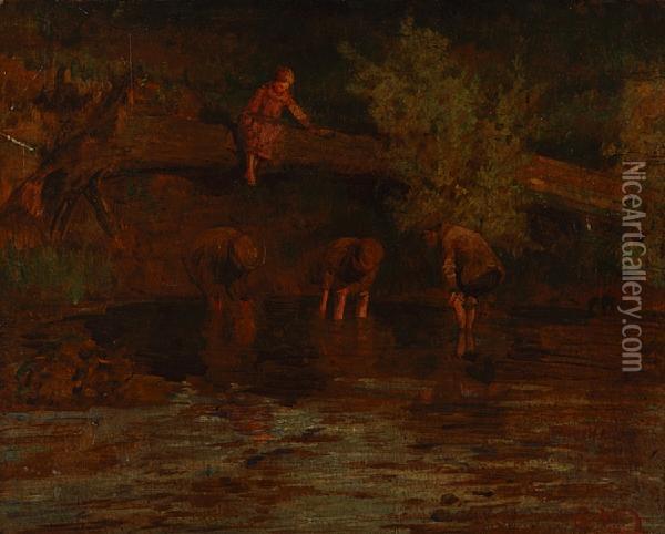 Paddling (probably The Tyne) Oil Painting - Robert Noble