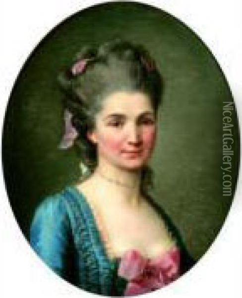 Portrait De Jeune Femme A La Robe Bleue Ornee D'un Noeud Rose Oil Painting - Alexander Roslin