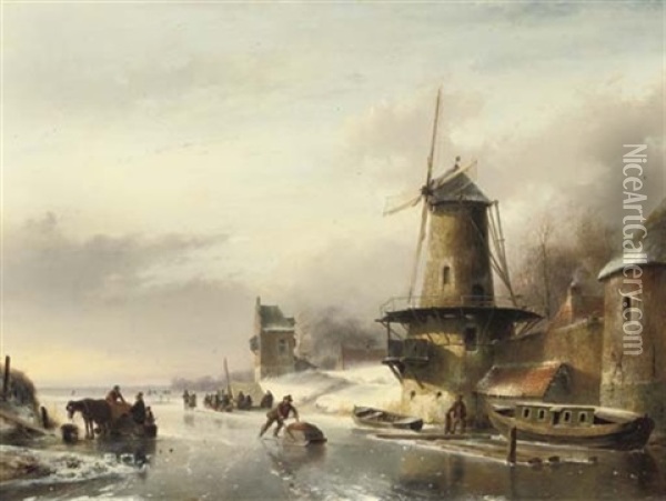 A Windmill By A Busy Frozen Waterway Oil Painting - Andreas Schelfhout