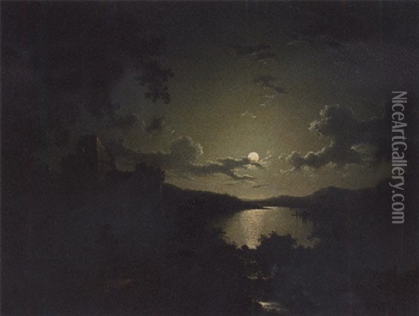 A Moonlit River Landscape With A Castle Ruin In The Foreground Oil Painting - Sebastian Pether