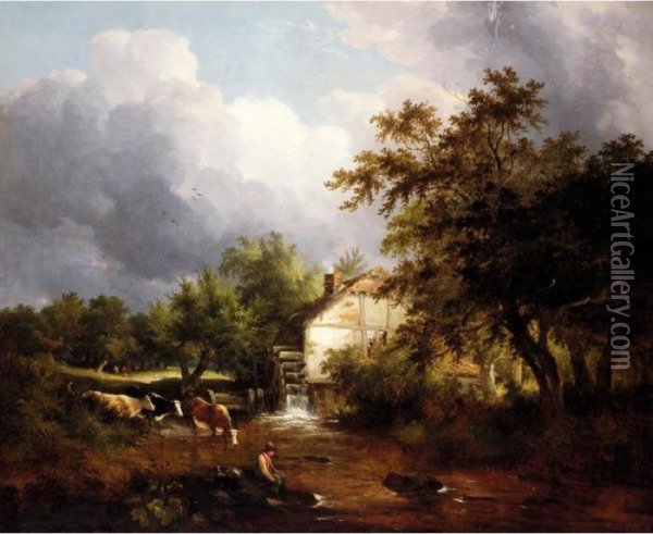 A Fisherman On The Riverbank, A Water Mill And Cattle Beyond Oil Painting - Edward Charles Williams