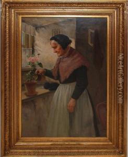 Woman Watering Flowers Oil Painting - David W. Haddon