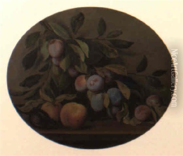 A Sprig Of Plums, A Fig And Peaches On A Wooden Ledge Oil Painting - Jean-Baptiste Oudry