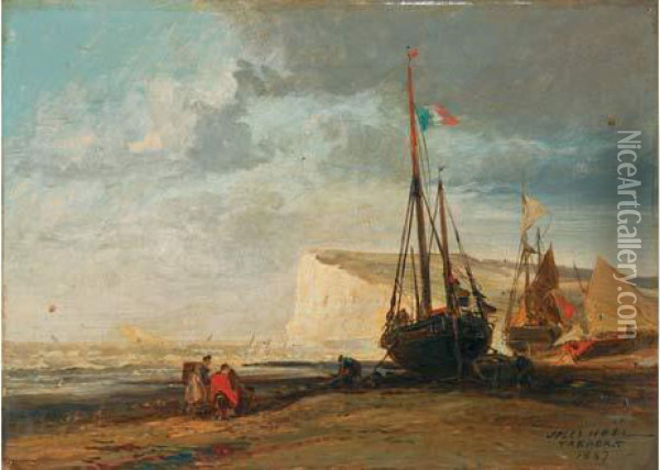  Bateaux Echoues Sur La Plage Du Treport, 1867  Oil Painting - Jules Achille-Noel