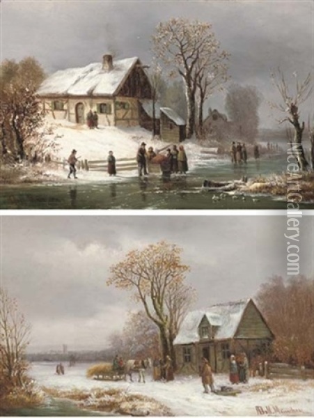 Villagers In Snowcovered Landscape (+ Another; Pair) Oil Painting - Anton Doll
