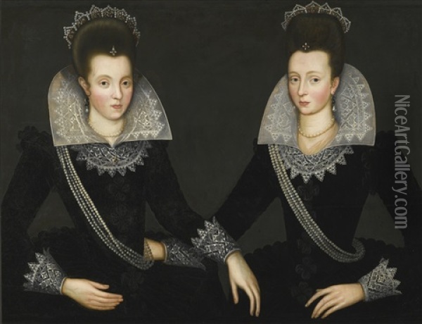 A Portrait Of Two Sisters, Probably Anne Of Denmark And Her Sister Elizabeth Oil Painting - Robert Peake the Elder