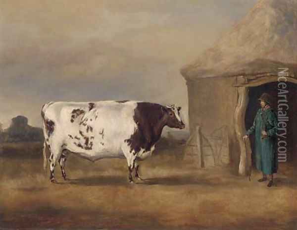 A prize bull before a barn Oil Painting - English School