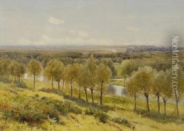 'willow And Watercourses On The River Stort' 'w. Eyre Walker 1893', Titled On Label Verso Oil Painting - William Eyre Walker