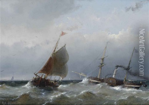 A Steamer On Open Water Oil Painting - Andreas Schelfhout