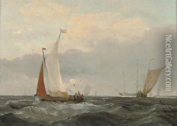Barges At Sea With A Frigate Anchored Beyond Oil Painting - Louis Verboeckhoven