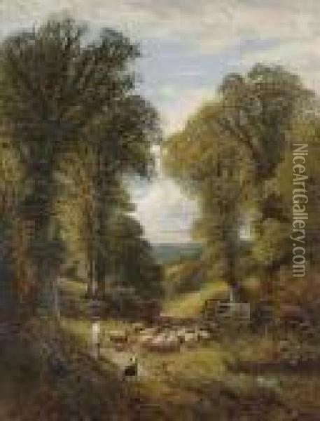 A Shepherd And His Flock Changing Pastures Oil Painting - Alfred Augustus Glendening