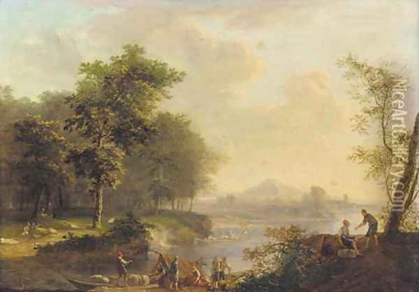 A Rhenish river landscape with peasants loading a barge Oil Painting - Louis Chalon