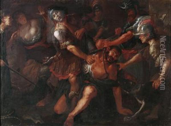 Samson Escaping From Ropes Binding Him; The Blinding Of Samson By The Philistines Oil Painting - Giovanni Battista Lampugnani