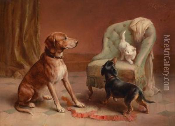 Zwei Hunde Betrachtenaufmerksam Eine Weise Katze Oil Painting - Carl Reichert