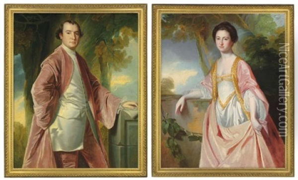 Portrait Of William Salmond (1737-1779), Three-quarter-length, In The Robes Of Office Of A Member Of The Island Council Of Antigua, His Left Hand Resting On An Architectural Drawing, In A Landscape; And Portrait Of Jane Salmond, Nee Hasell (1745-1820), Th Oil Painting - George Romney