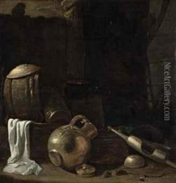 A Copper Jug, A Bucket Yoke, Mice And Other Vessels In A Barn Oil Painting - Cornelis Saftleven