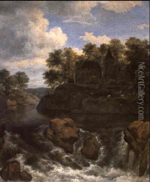 A River Landscape With A Waterfall And A Castle On A Cliff Oil Painting - Jacob Van Ruisdael