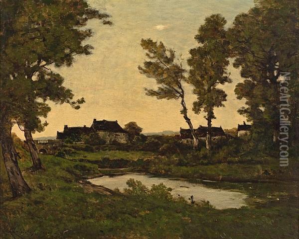 Cottages At The Edge Of A Wood, Early Evening Oil Painting - Henri-Joseph Harpignies