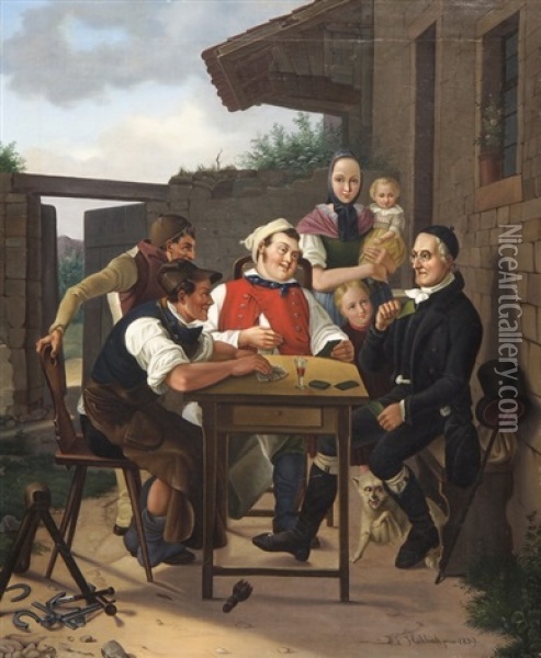 Johann Gaspar Lavater Beim Landlichen Kartenspiel Oil Painting - Friedrich Hohbach